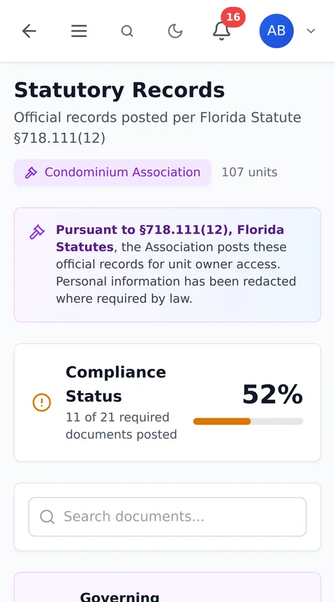 Owner portal on a phone showing the association's statutory records page