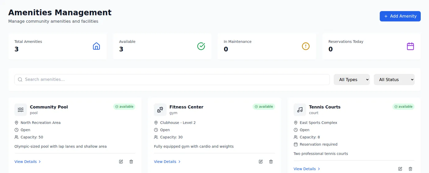 Amenities screen listing a community pool, fitness center and tennis courts with capacity and reservation rules
