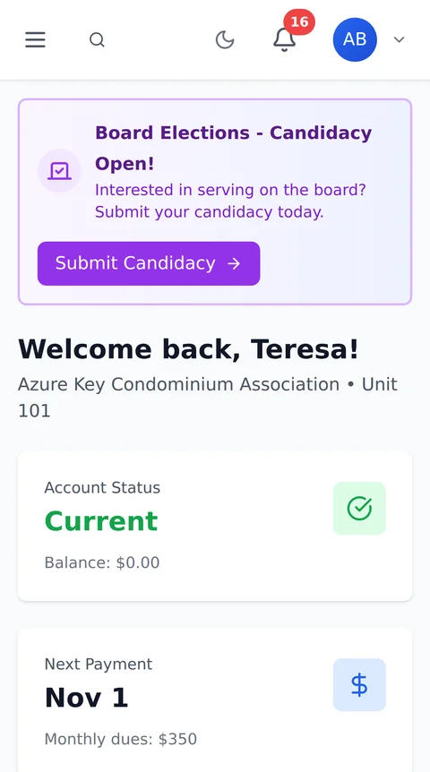 HOA Cloud owner portal on a phone showing account status, next payment and an open board candidacy